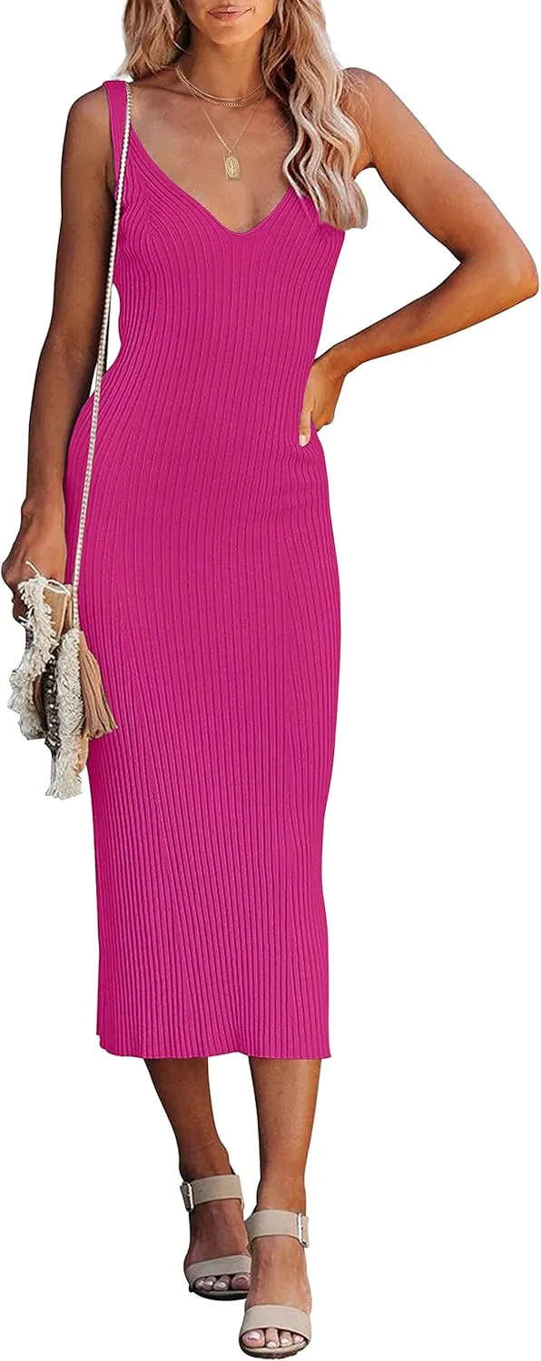 MEROKEETY Womens 2025 Summer Spring V Neck Knit Midi Dress Bodycon Casual Sleeveless Ribbed Sweater Dresses
