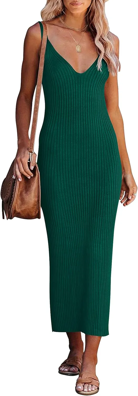 MEROKEETY Womens 2025 Summer Spring V Neck Knit Midi Dress Bodycon Casual Sleeveless Ribbed Sweater Dresses