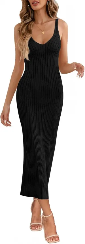 MEROKEETY Womens 2025 Summer Spring V Neck Knit Midi Dress Bodycon Casual Sleeveless Ribbed Sweater Dresses