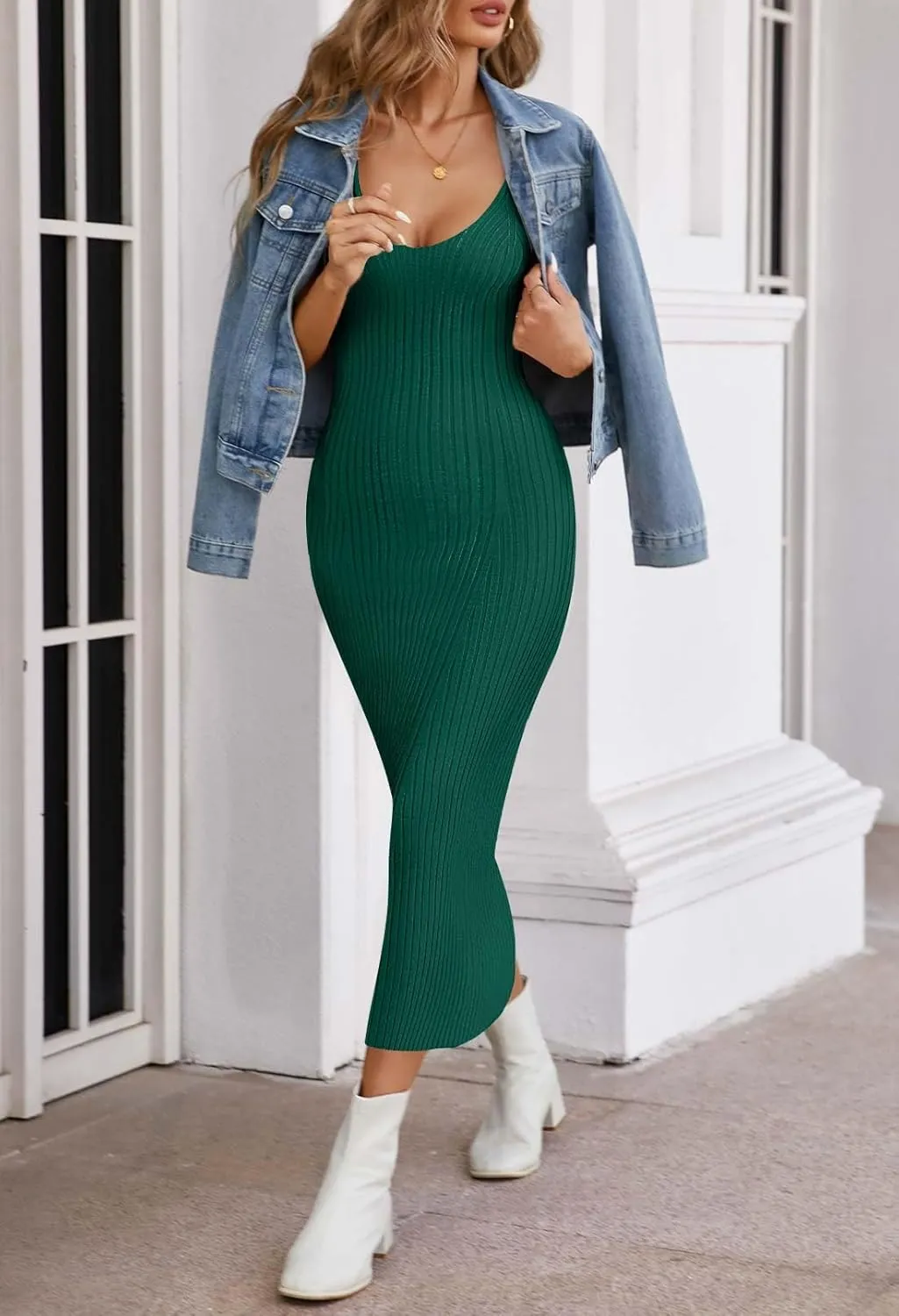MEROKEETY Womens 2025 Summer Spring V Neck Knit Midi Dress Bodycon Casual Sleeveless Ribbed Sweater Dresses