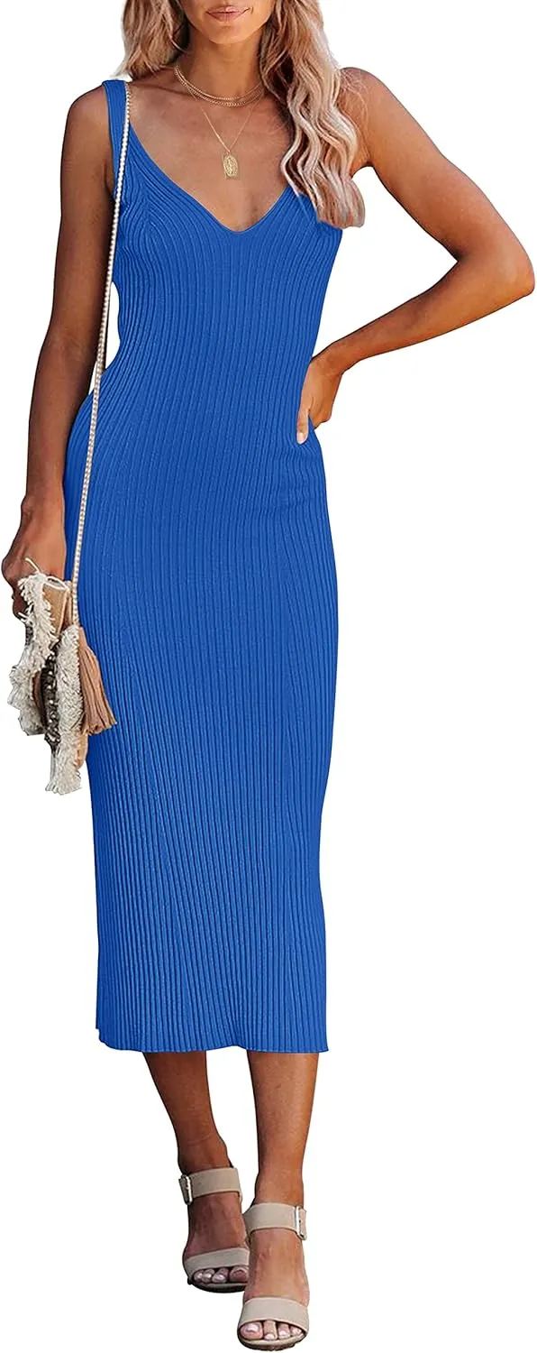 MEROKEETY Womens 2025 Summer Spring V Neck Knit Midi Dress Bodycon Casual Sleeveless Ribbed Sweater Dresses