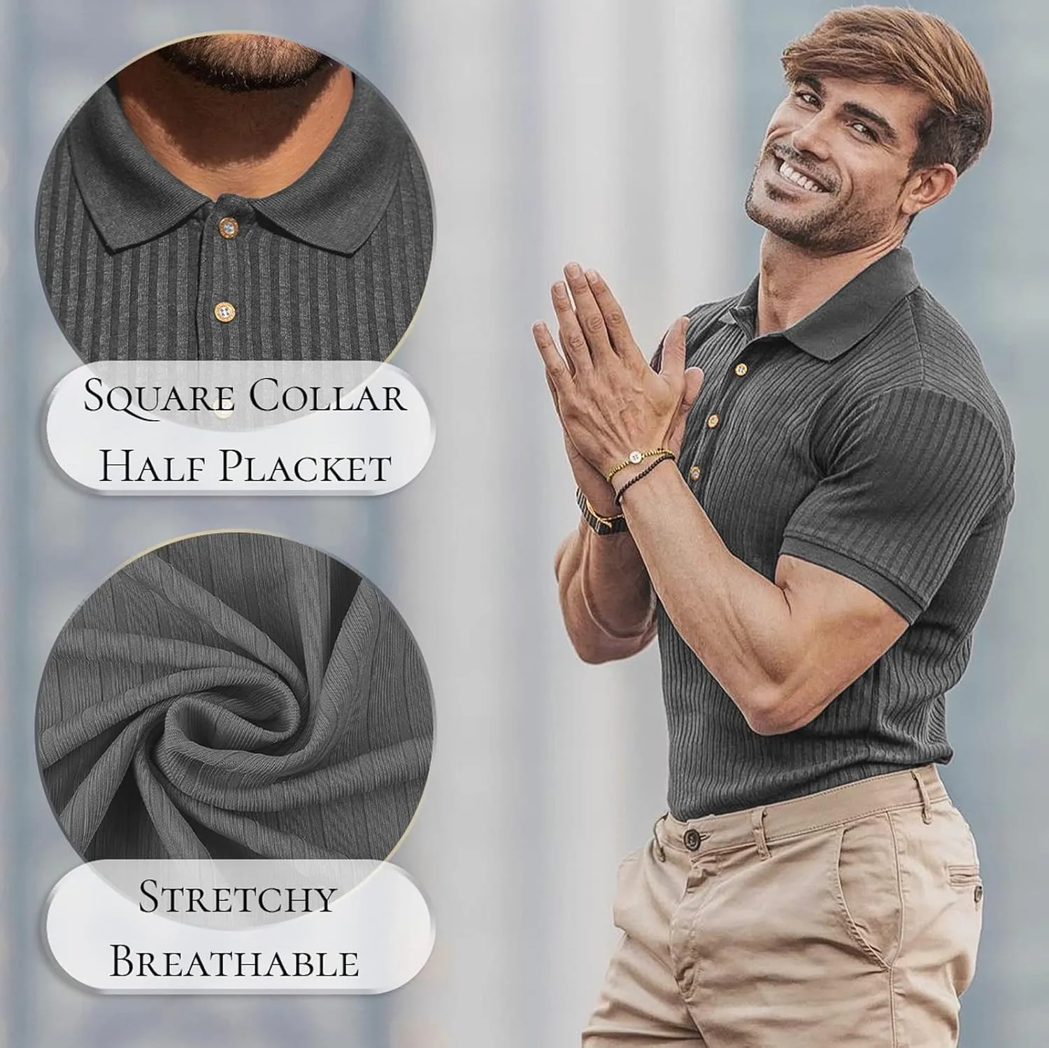 Muscle Polo Shirts for Men Short Sleeve Slim Fit Golf Shirts for Men Casual Dry Fit T Shirts Ribbed Knit Bowling Shirts