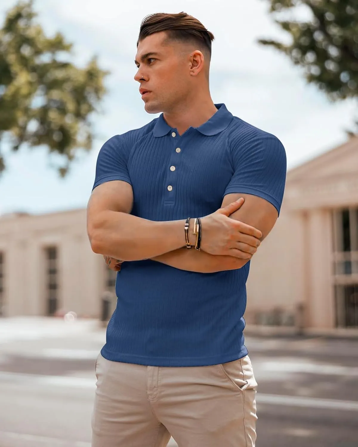Muscle Polo Shirts for Men Short Sleeve Slim Fit Golf Shirts for Men Casual Dry Fit T Shirts Ribbed Knit Bowling Shirts