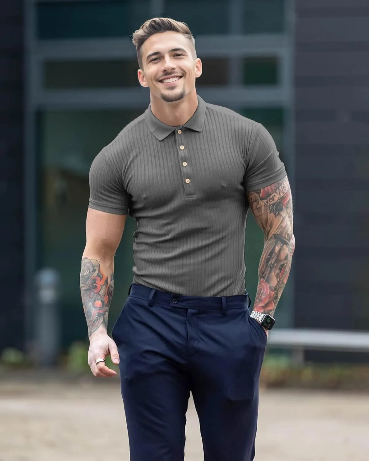 Muscle Polo Shirts for Men Short Sleeve Slim Fit Golf Shirts for Men Casual Dry Fit T Shirts Ribbed Knit Bowling Shirts