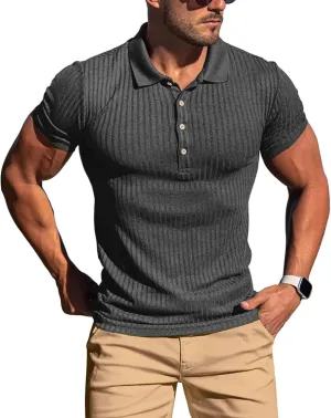 Muscle Polo Shirts for Men Short Sleeve Slim Fit Golf Shirts for Men Casual Dry Fit T Shirts Ribbed Knit Bowling Shirts