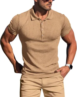 Muscle Polo Shirts for Men Short Sleeve Slim Fit Golf Shirts for Men Casual Dry Fit T Shirts Ribbed Knit Bowling Shirts