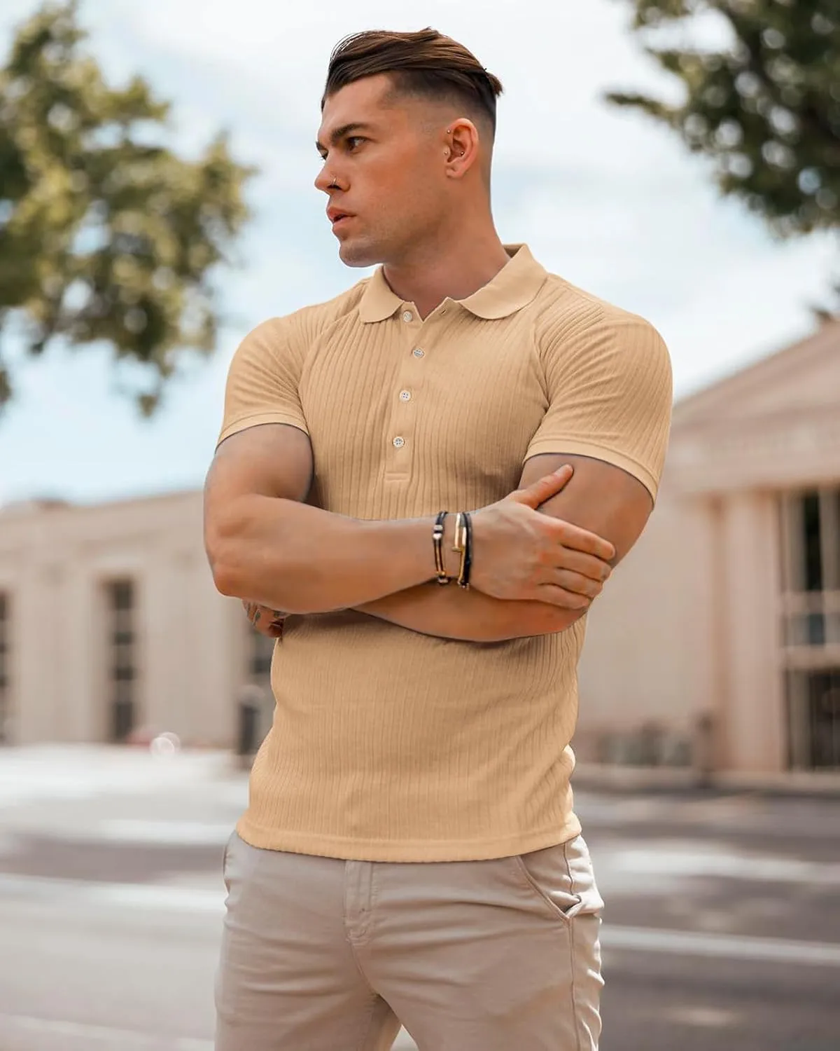 Muscle Polo Shirts for Men Short Sleeve Slim Fit Golf Shirts for Men Casual Dry Fit T Shirts Ribbed Knit Bowling Shirts