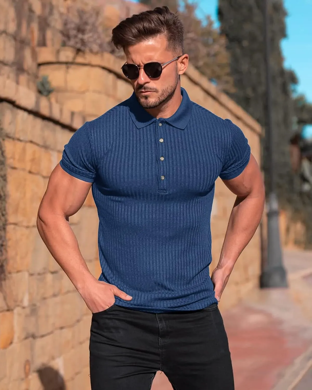 Muscle Polo Shirts for Men Short Sleeve Slim Fit Golf Shirts for Men Casual Dry Fit T Shirts Ribbed Knit Bowling Shirts