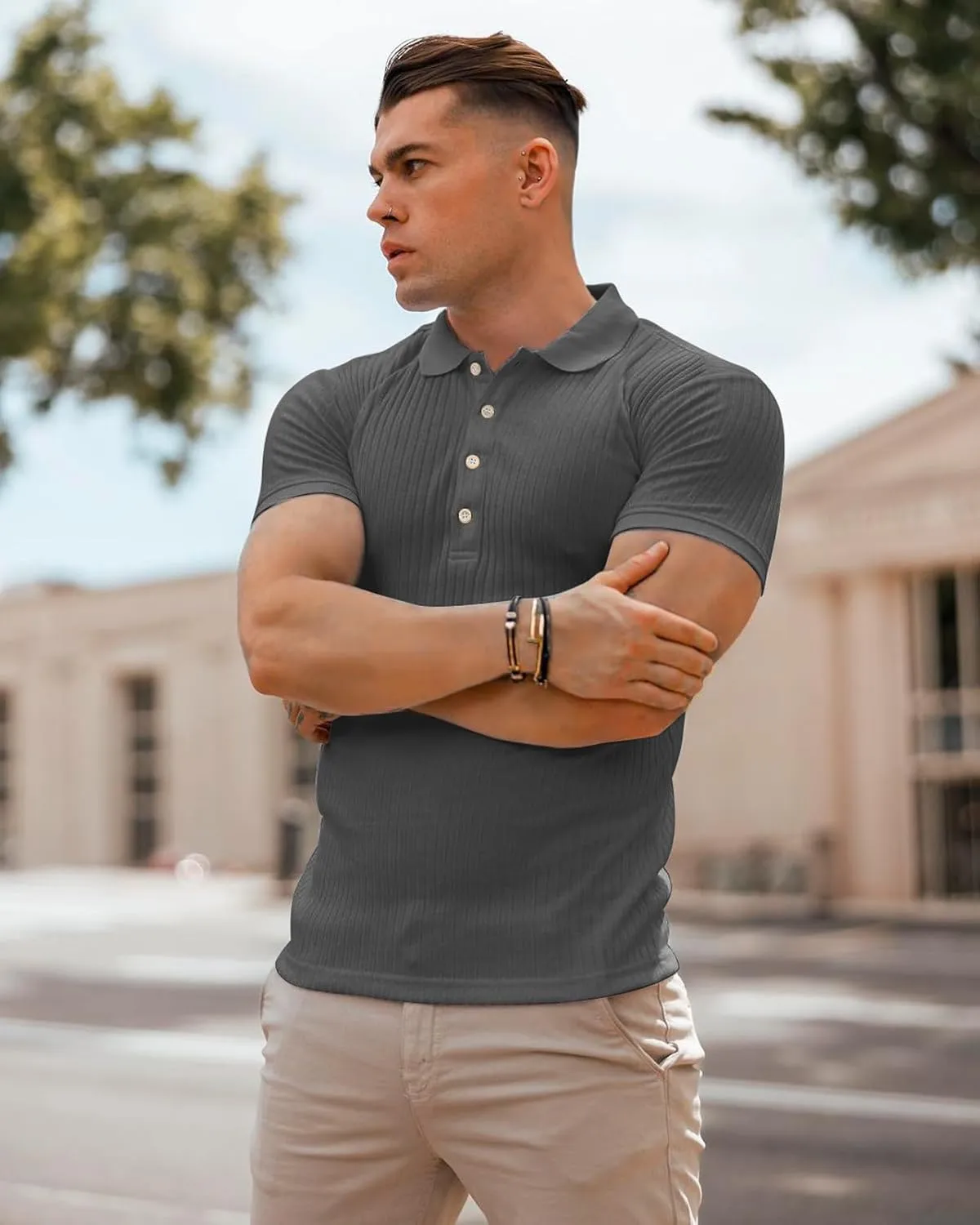 Muscle Polo Shirts for Men Short Sleeve Slim Fit Golf Shirts for Men Casual Dry Fit T Shirts Ribbed Knit Bowling Shirts