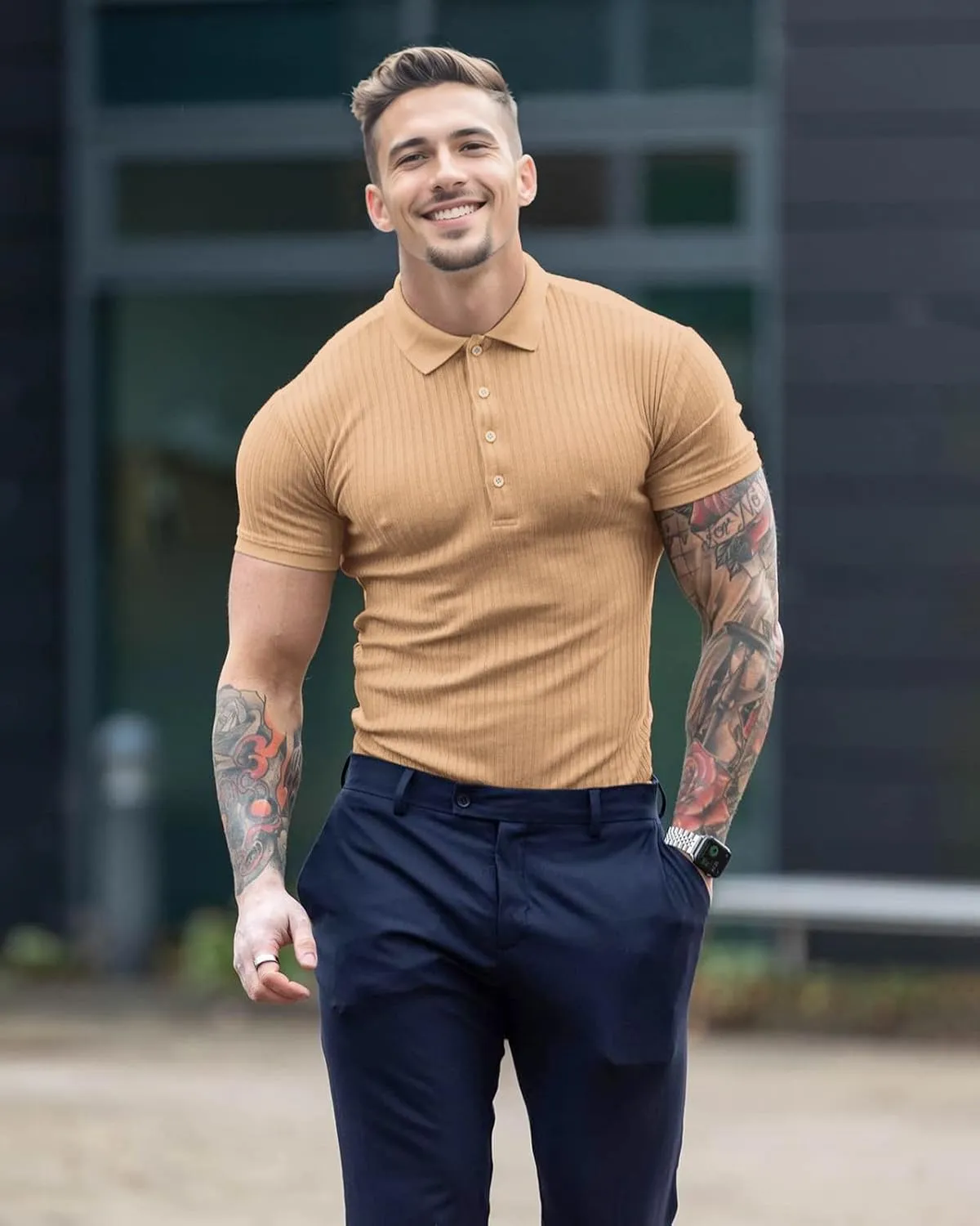 Muscle Polo Shirts for Men Short Sleeve Slim Fit Golf Shirts for Men Casual Dry Fit T Shirts Ribbed Knit Bowling Shirts
