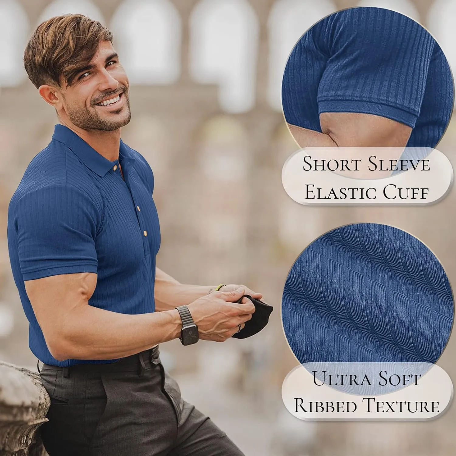Muscle Polo Shirts for Men Short Sleeve Slim Fit Golf Shirts for Men Casual Dry Fit T Shirts Ribbed Knit Bowling Shirts