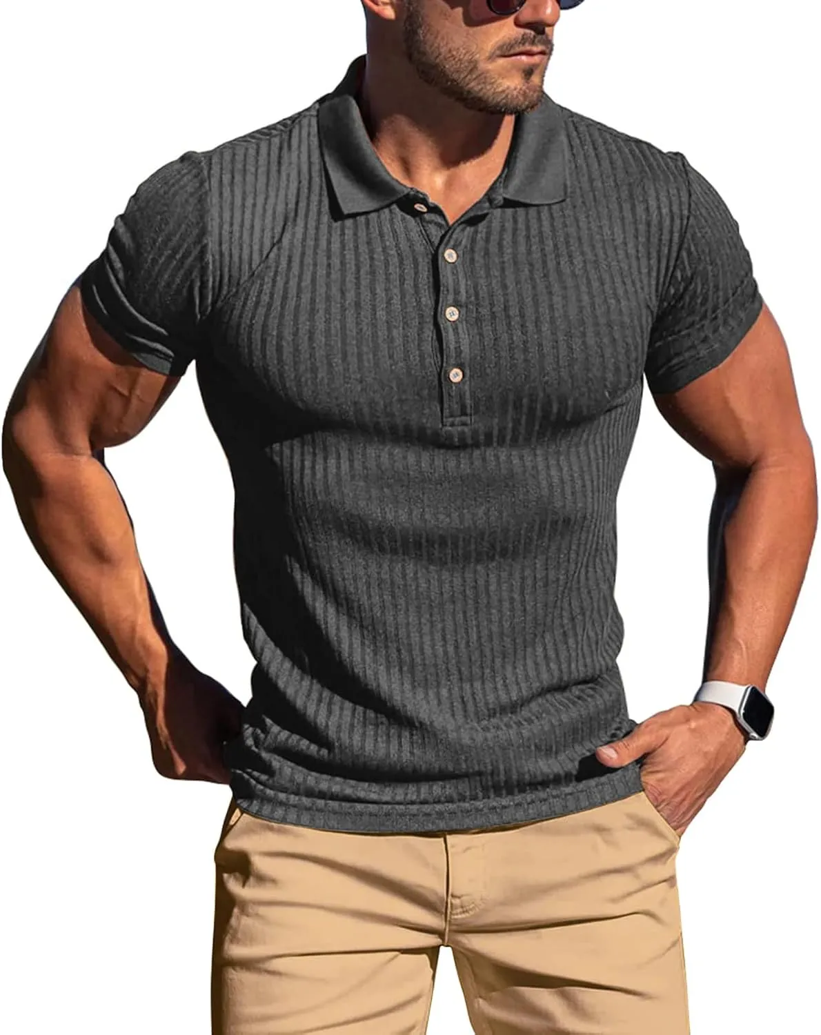 Muscle Polo Shirts for Men Short Sleeve Slim Fit Golf Shirts for Men Casual Dry Fit T Shirts Ribbed Knit Bowling Shirts