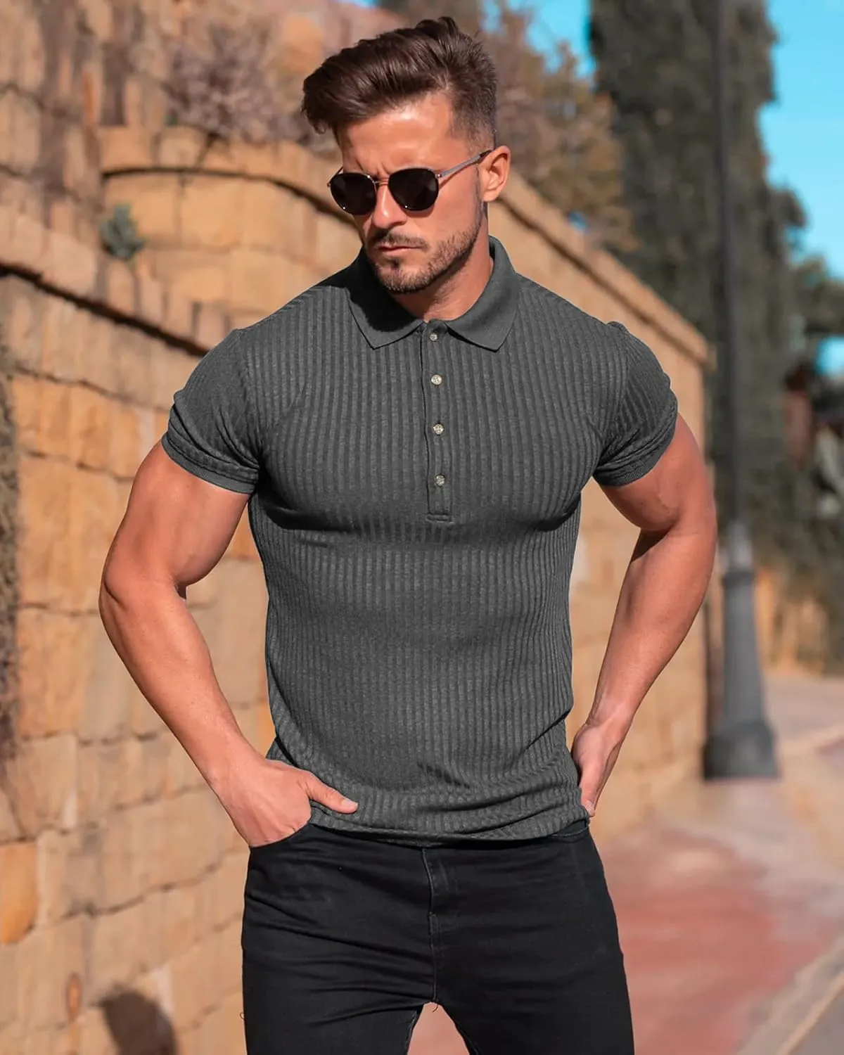 Muscle Polo Shirts for Men Short Sleeve Slim Fit Golf Shirts for Men Casual Dry Fit T Shirts Ribbed Knit Bowling Shirts