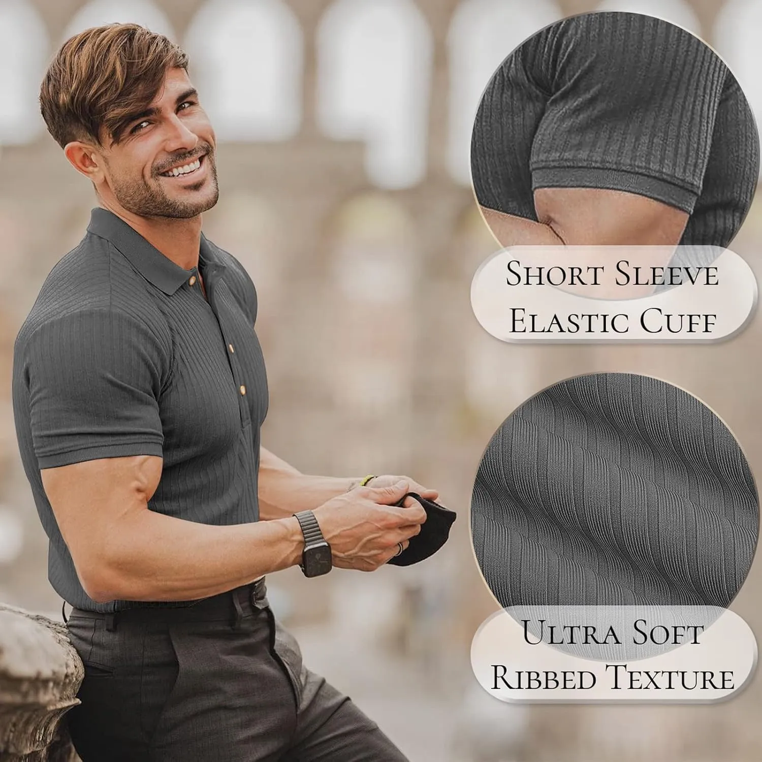 Muscle Polo Shirts for Men Short Sleeve Slim Fit Golf Shirts for Men Casual Dry Fit T Shirts Ribbed Knit Bowling Shirts