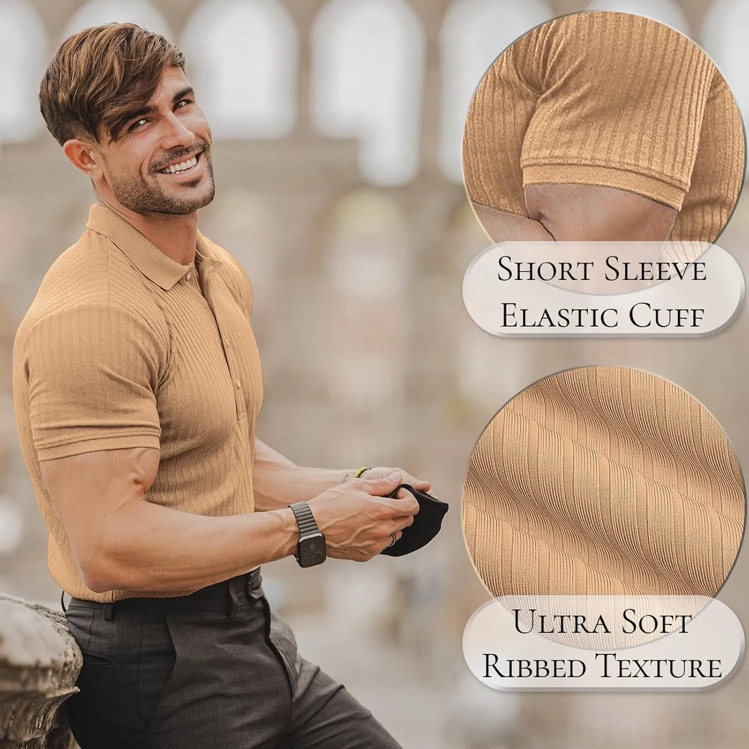 Muscle Polo Shirts for Men Short Sleeve Slim Fit Golf Shirts for Men Casual Dry Fit T Shirts Ribbed Knit Bowling Shirts