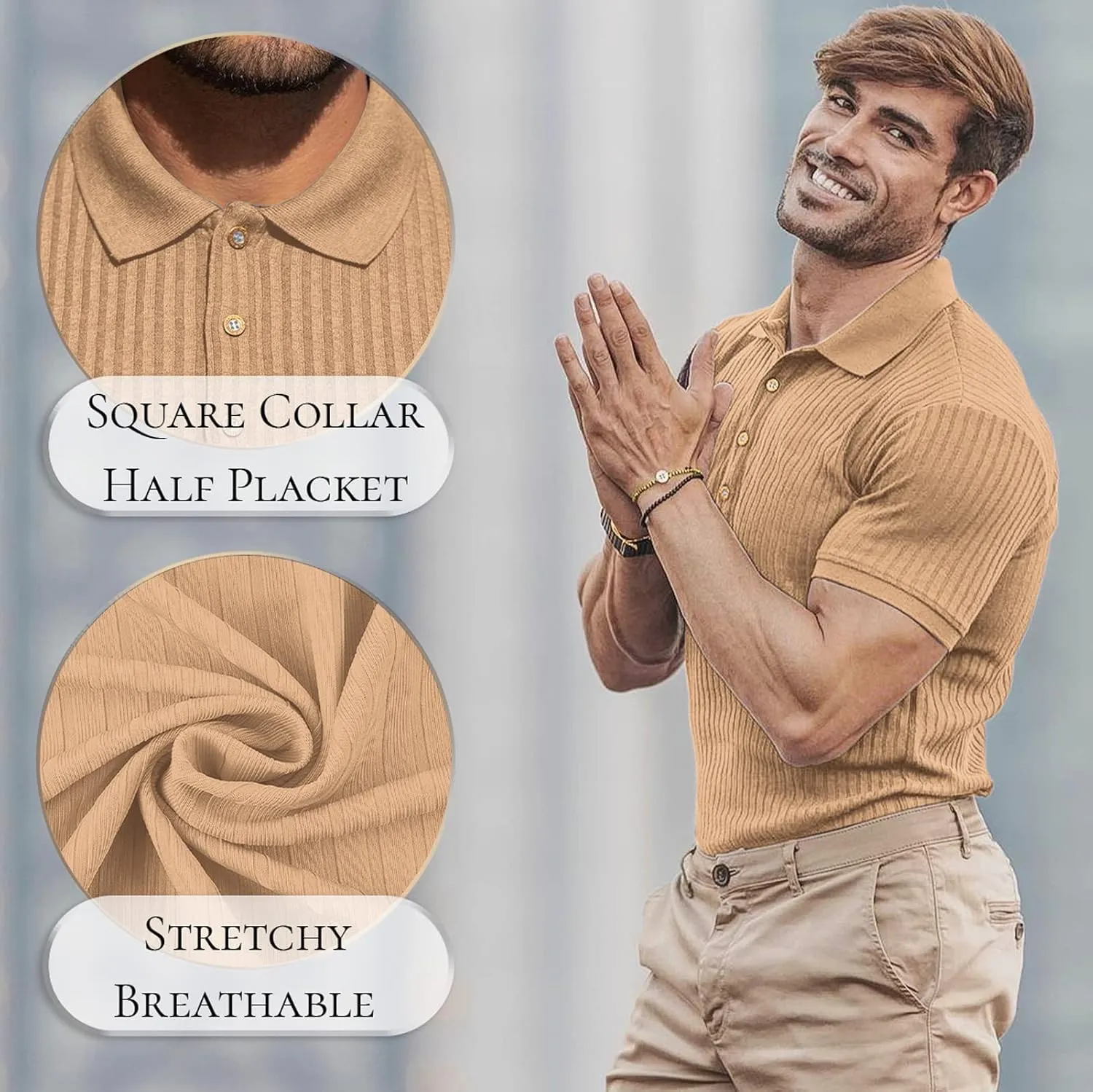 Muscle Polo Shirts for Men Short Sleeve Slim Fit Golf Shirts for Men Casual Dry Fit T Shirts Ribbed Knit Bowling Shirts