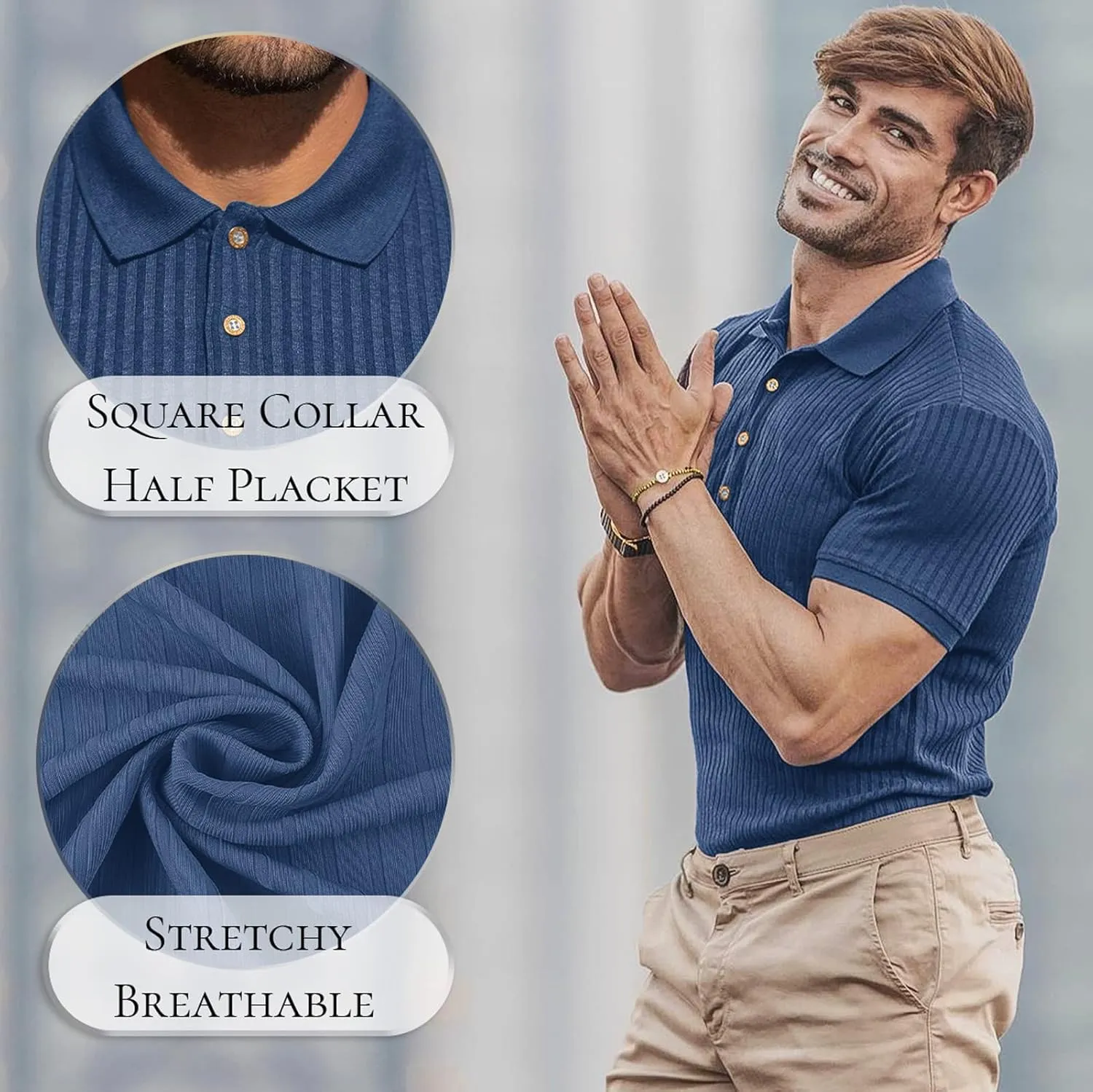 Muscle Polo Shirts for Men Short Sleeve Slim Fit Golf Shirts for Men Casual Dry Fit T Shirts Ribbed Knit Bowling Shirts