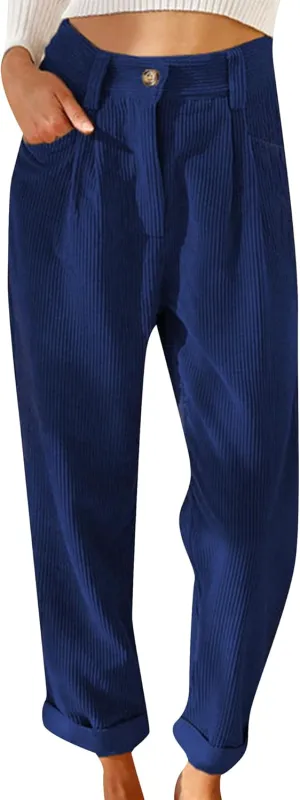 OMZIN Women's Classic Vintage Fitted Trousers Straight Leg Business Pants High Waisted Loose Trousers