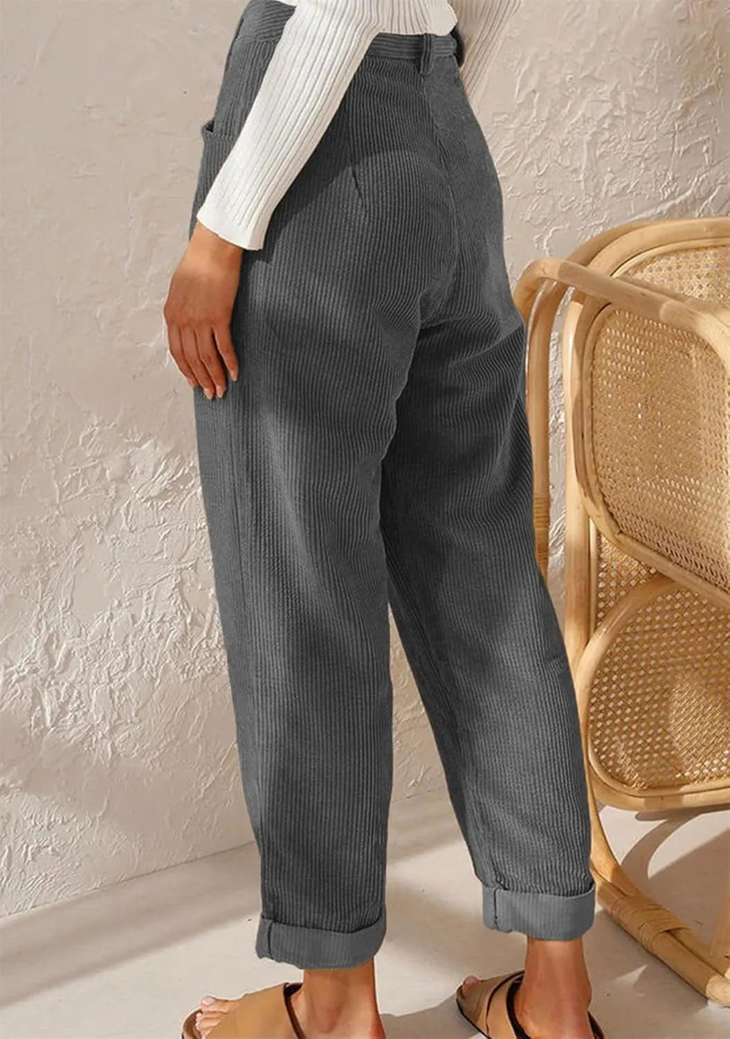 OMZIN Women's Classic Vintage Fitted Trousers Straight Leg Business Pants High Waisted Loose Trousers