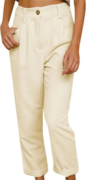 OMZIN Women's Classic Vintage Fitted Trousers Straight Leg Business Pants High Waisted Loose Trousers