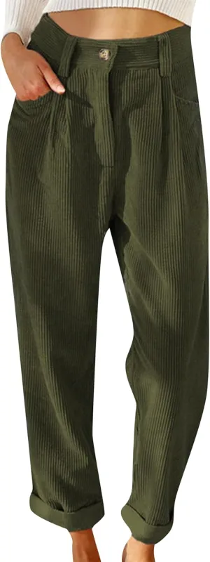 OMZIN Women's Classic Vintage Fitted Trousers Straight Leg Business Pants High Waisted Loose Trousers
