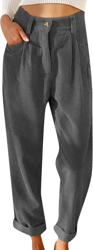 OMZIN Women's Classic Vintage Fitted Trousers Straight Leg Business Pants High Waisted Loose Trousers
