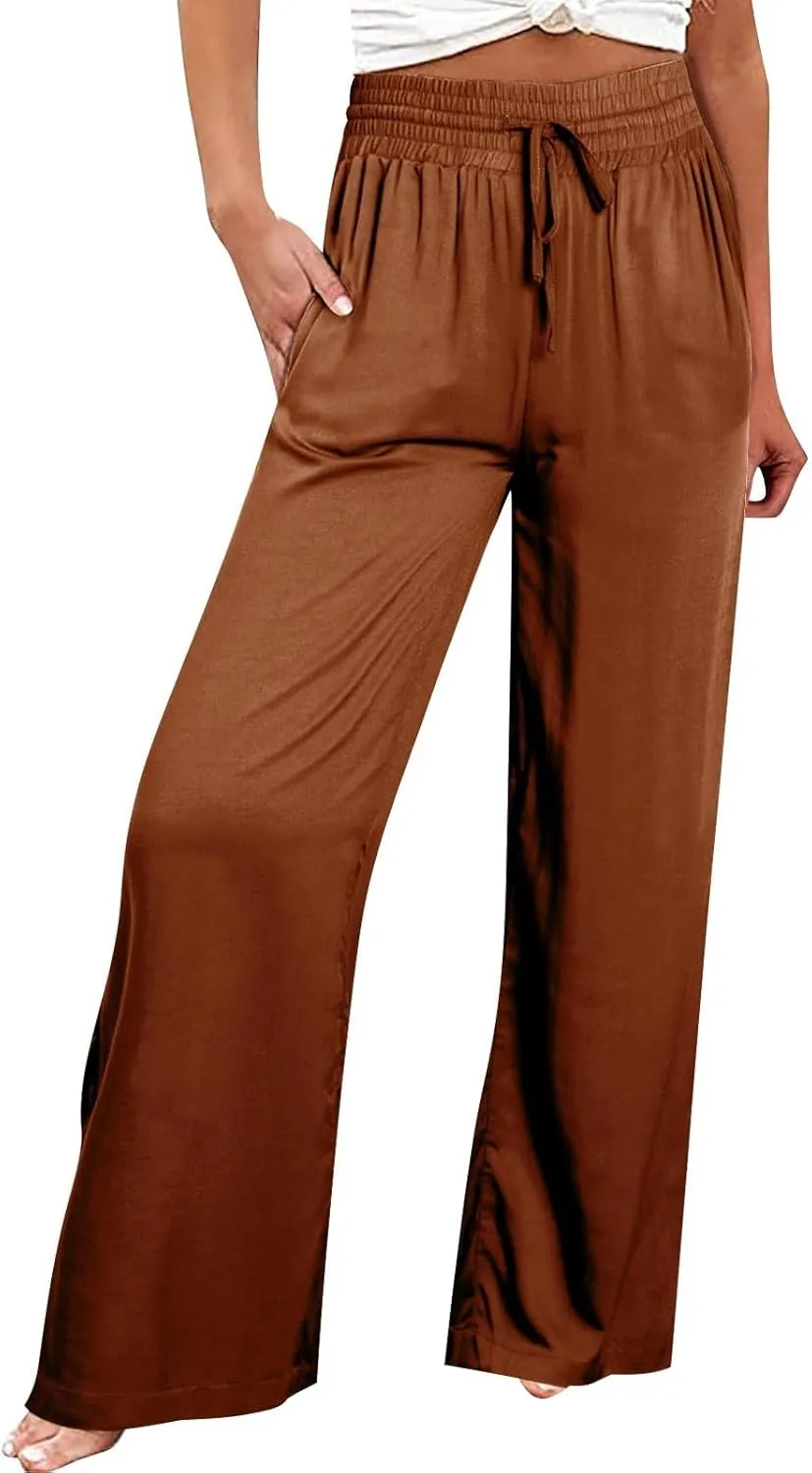 Pants for Women Loose Drawstring Elastic Waist Palazzo Pants Flowy Wide Leg Pant Casual Straight Leg Trousers for Beach