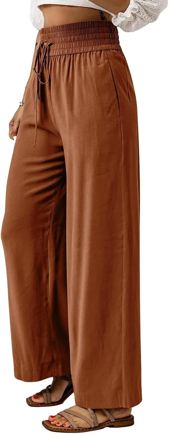Pants for Women Loose Drawstring Elastic Waist Palazzo Pants Flowy Wide Leg Pant Casual Straight Leg Trousers for Beach