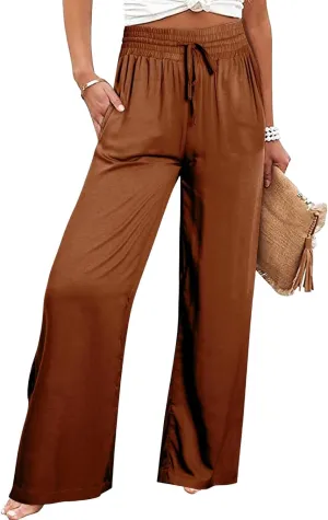 Pants for Women Loose Drawstring Elastic Waist Palazzo Pants Flowy Wide Leg Pant Casual Straight Leg Trousers for Beach