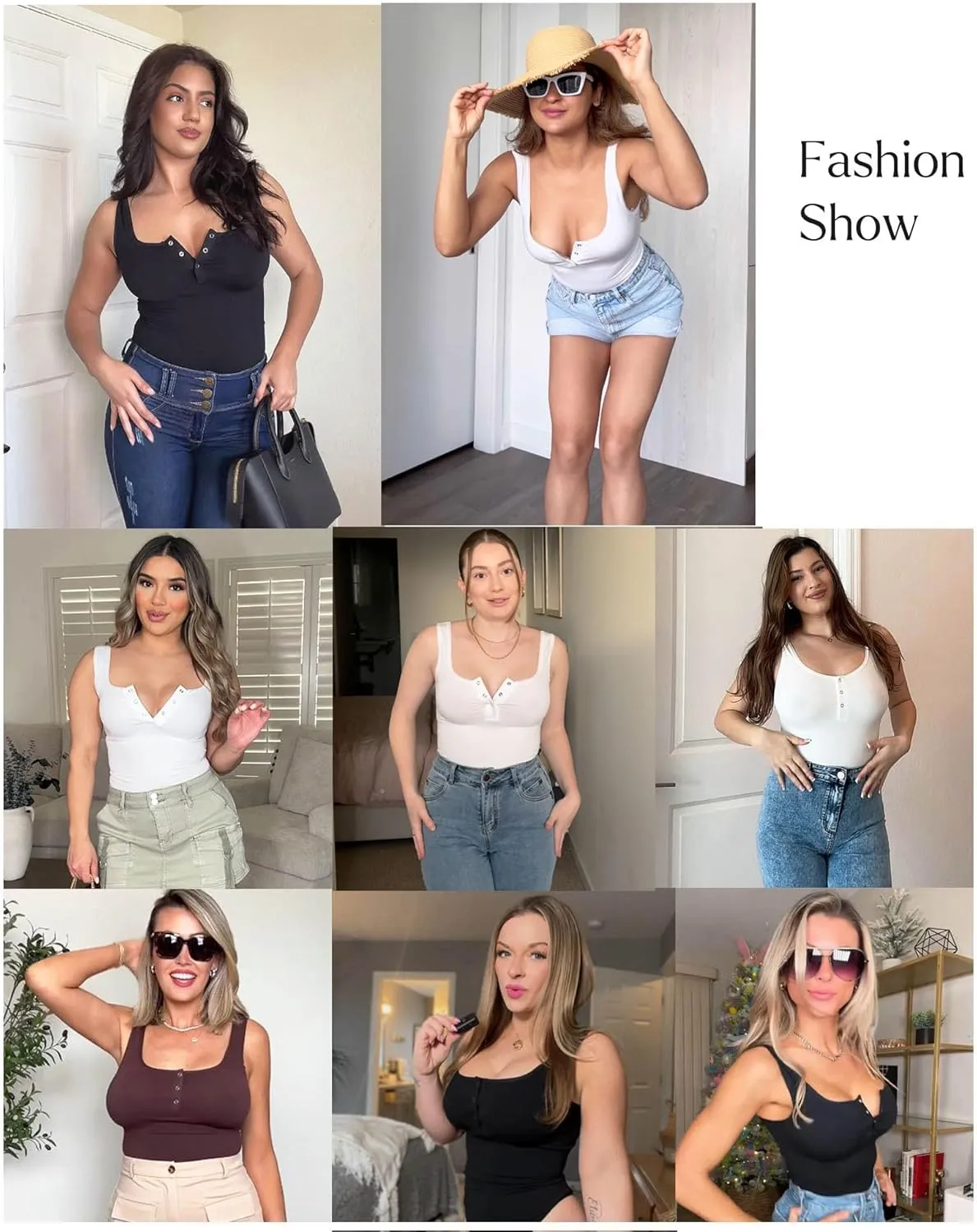 Popilush Bodysuits for Women Tummy Control Henley Going Out Shirts Button Down Body Suit Casual Thong Tank Tops