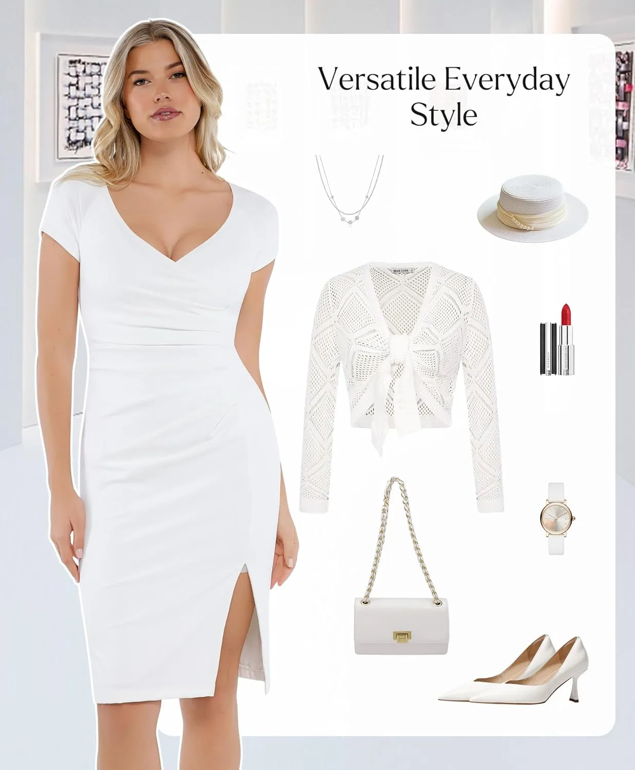 Popilush Womens Shapewear Midi Dress Ruched Bodycon Pencil Dresses Built in Bra Work Wedding Guest Cocktail