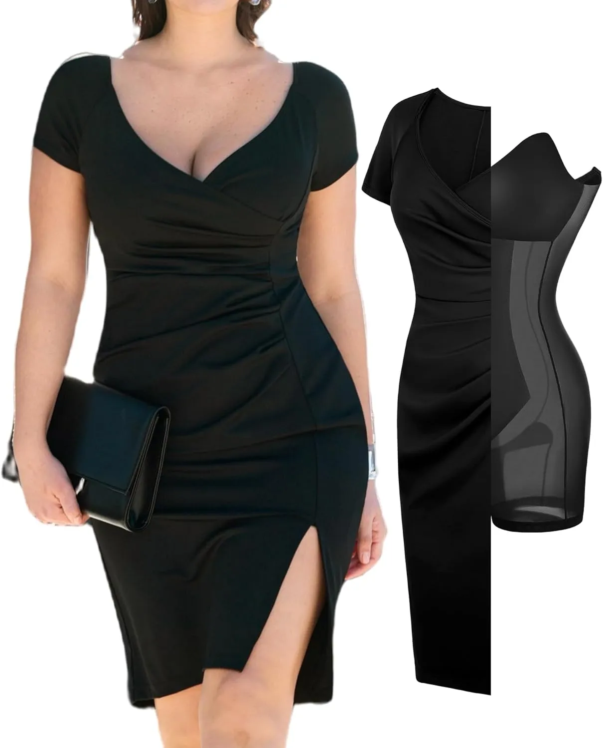 Popilush Womens Shapewear Midi Dress Ruched Bodycon Pencil Dresses Built in Bra Work Wedding Guest Cocktail