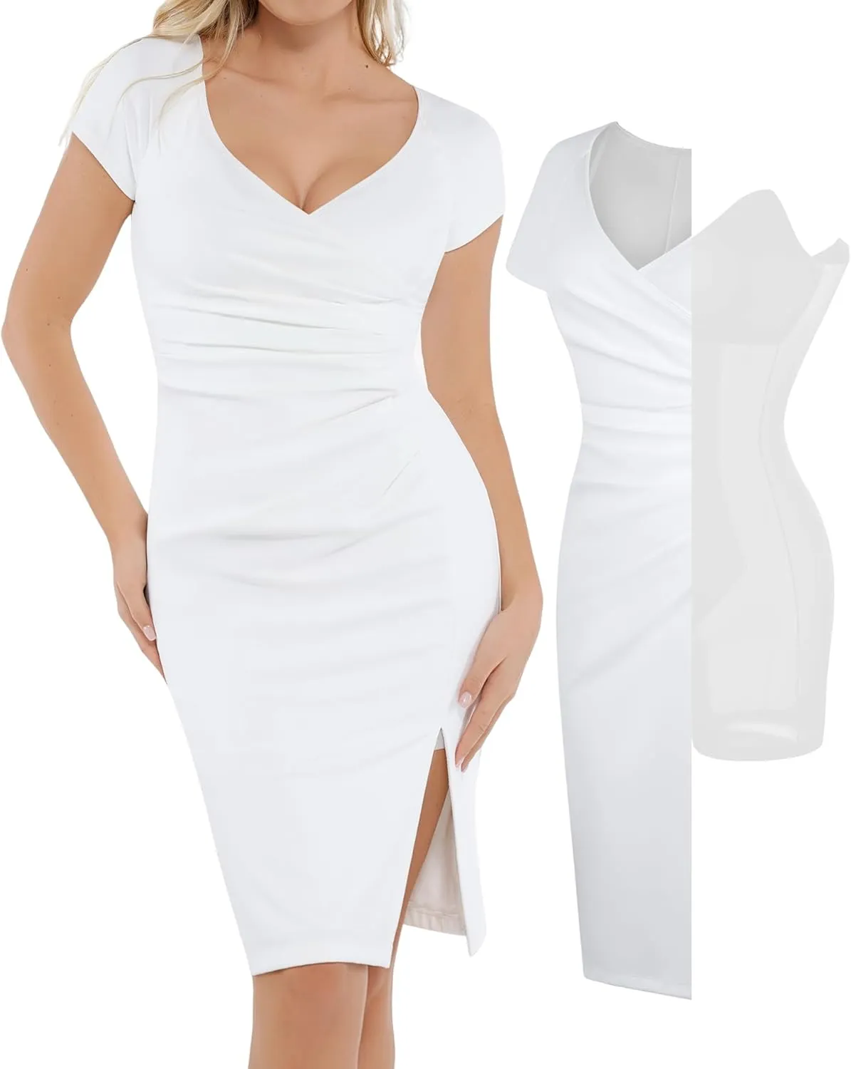 Popilush Womens Shapewear Midi Dress Ruched Bodycon Pencil Dresses Built in Bra Work Wedding Guest Cocktail