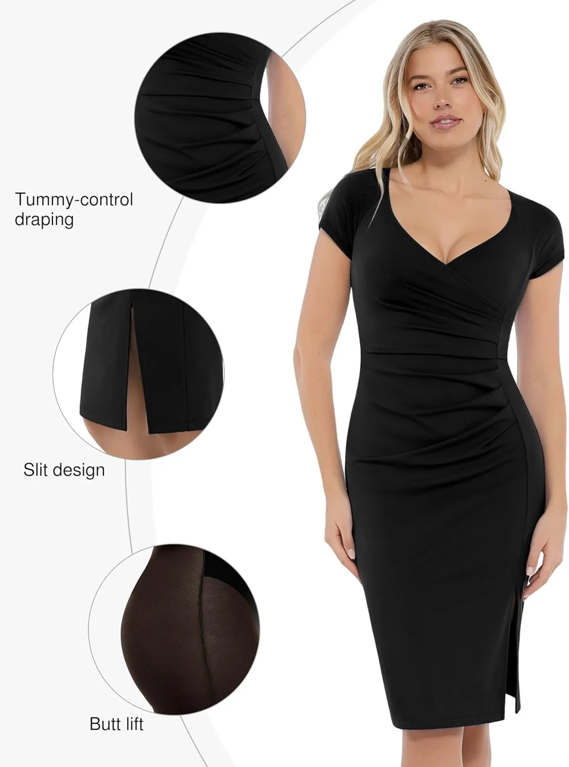 Popilush Womens Shapewear Midi Dress Ruched Bodycon Pencil Dresses Built in Bra Work Wedding Guest Cocktail