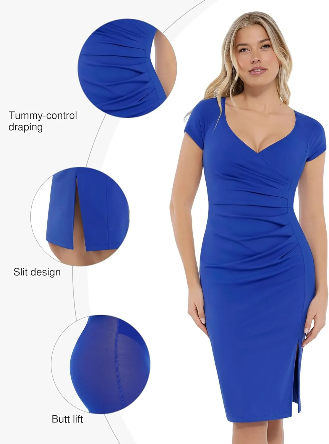 Popilush Womens Shapewear Midi Dress Ruched Bodycon Pencil Dresses Built in Bra Work Wedding Guest Cocktail