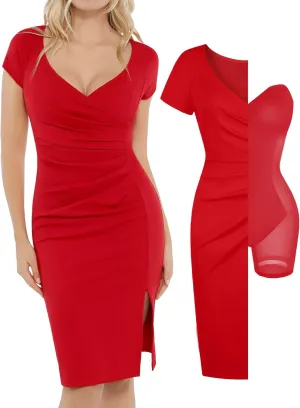 Popilush Womens Shapewear Midi Dress Ruched Bodycon Pencil Dresses Built in Bra Work Wedding Guest Cocktail