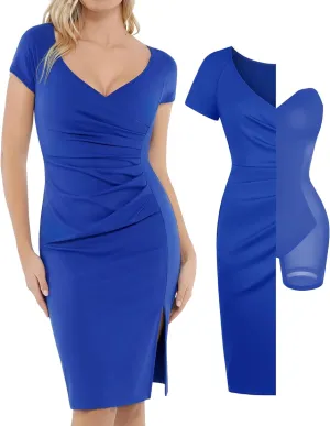 Popilush Womens Shapewear Midi Dress Ruched Bodycon Pencil Dresses Built in Bra Work Wedding Guest Cocktail