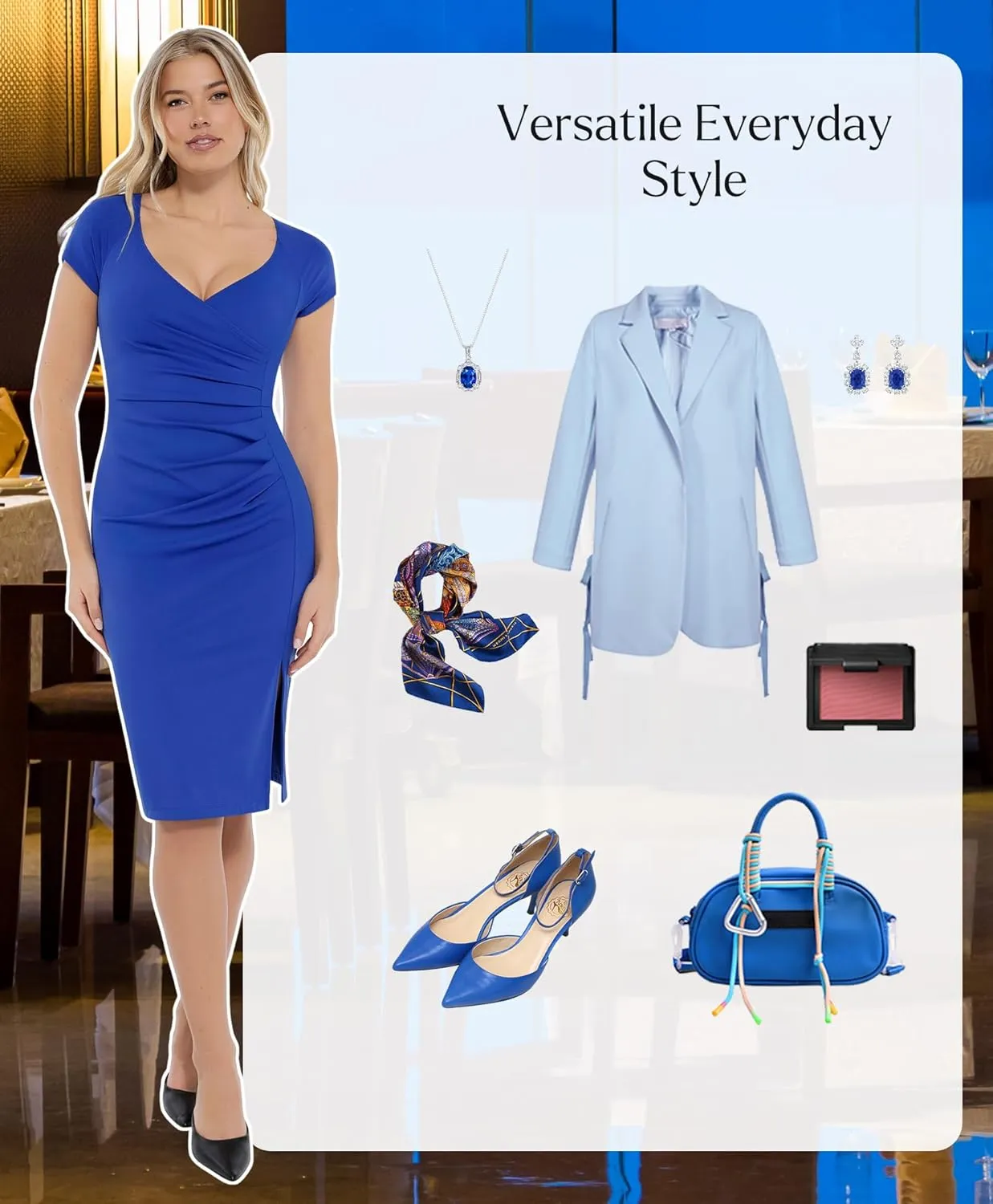 Popilush Womens Shapewear Midi Dress Ruched Bodycon Pencil Dresses Built in Bra Work Wedding Guest Cocktail