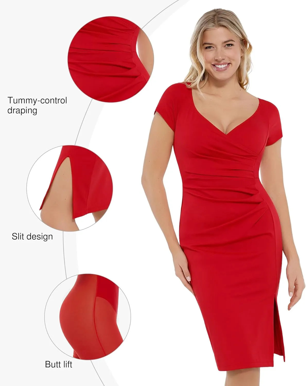 Popilush Womens Shapewear Midi Dress Ruched Bodycon Pencil Dresses Built in Bra Work Wedding Guest Cocktail