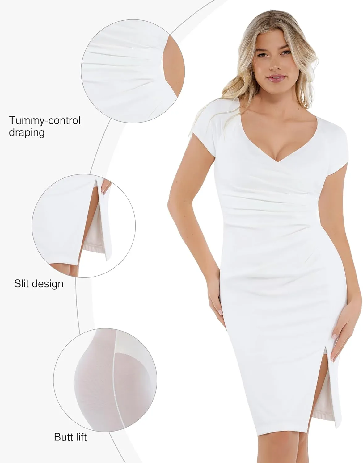 Popilush Womens Shapewear Midi Dress Ruched Bodycon Pencil Dresses Built in Bra Work Wedding Guest Cocktail