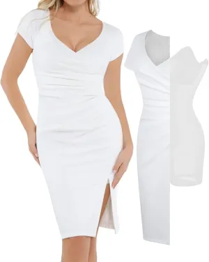 Popilush Womens Shapewear Midi Dress Ruched Bodycon Pencil Dresses Built in Bra Work Wedding Guest Cocktail