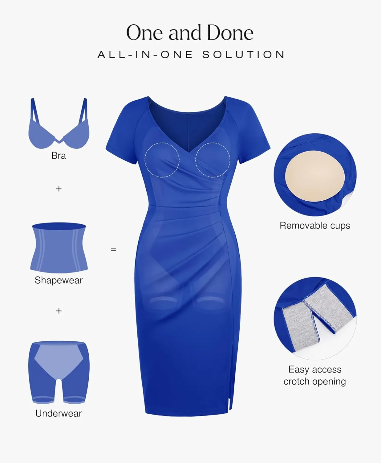 Popilush Womens Shapewear Midi Dress Ruched Bodycon Pencil Dresses Built in Bra Work Wedding Guest Cocktail