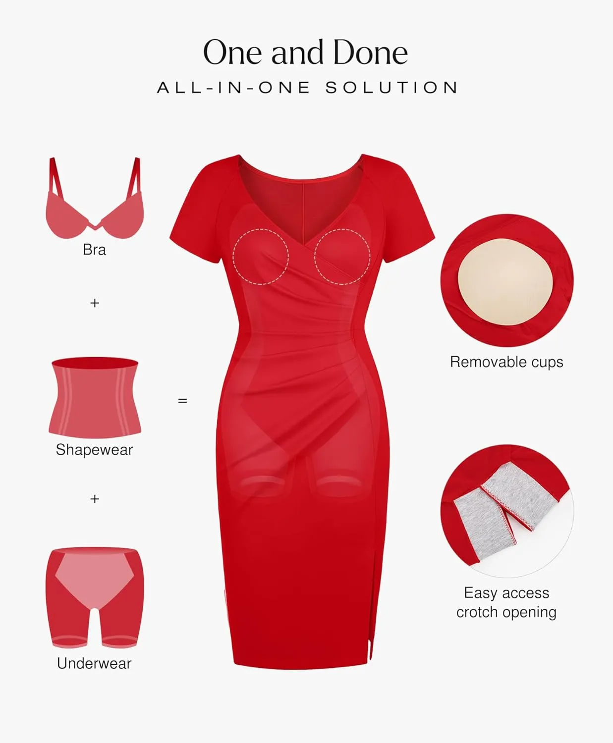 Popilush Womens Shapewear Midi Dress Ruched Bodycon Pencil Dresses Built in Bra Work Wedding Guest Cocktail