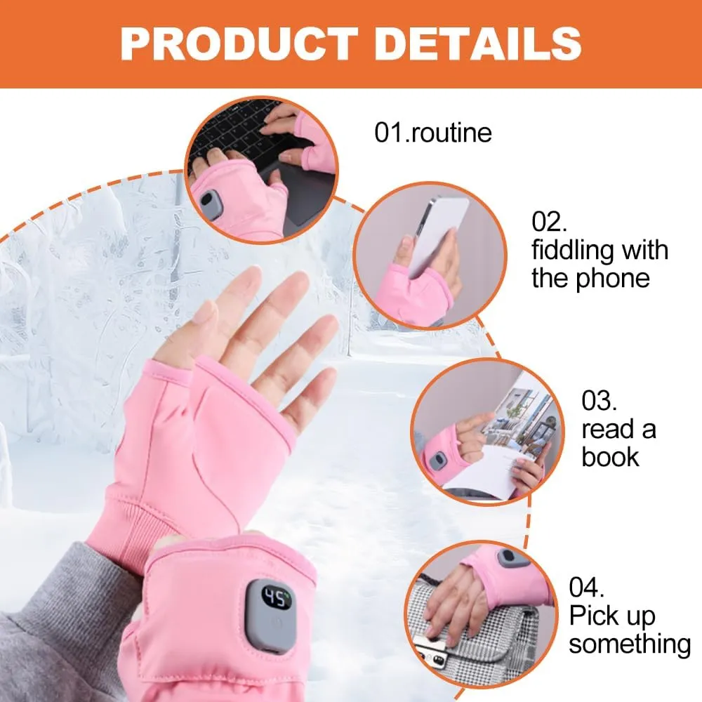 Portable Heating Gloves with Digital Display, 2025 New Smart Thermostatic Heated Fingerless Gloves, Rechargeable Adjustable Heating Gloves for Women Winter Electric Hand Warmers
