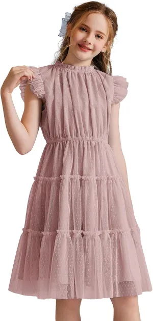 Quedoris Girls Tulle Dress Elastic Neck and Waist Three Layers Ruffle Sleeve Tiered Skirt Party Casual Dress
