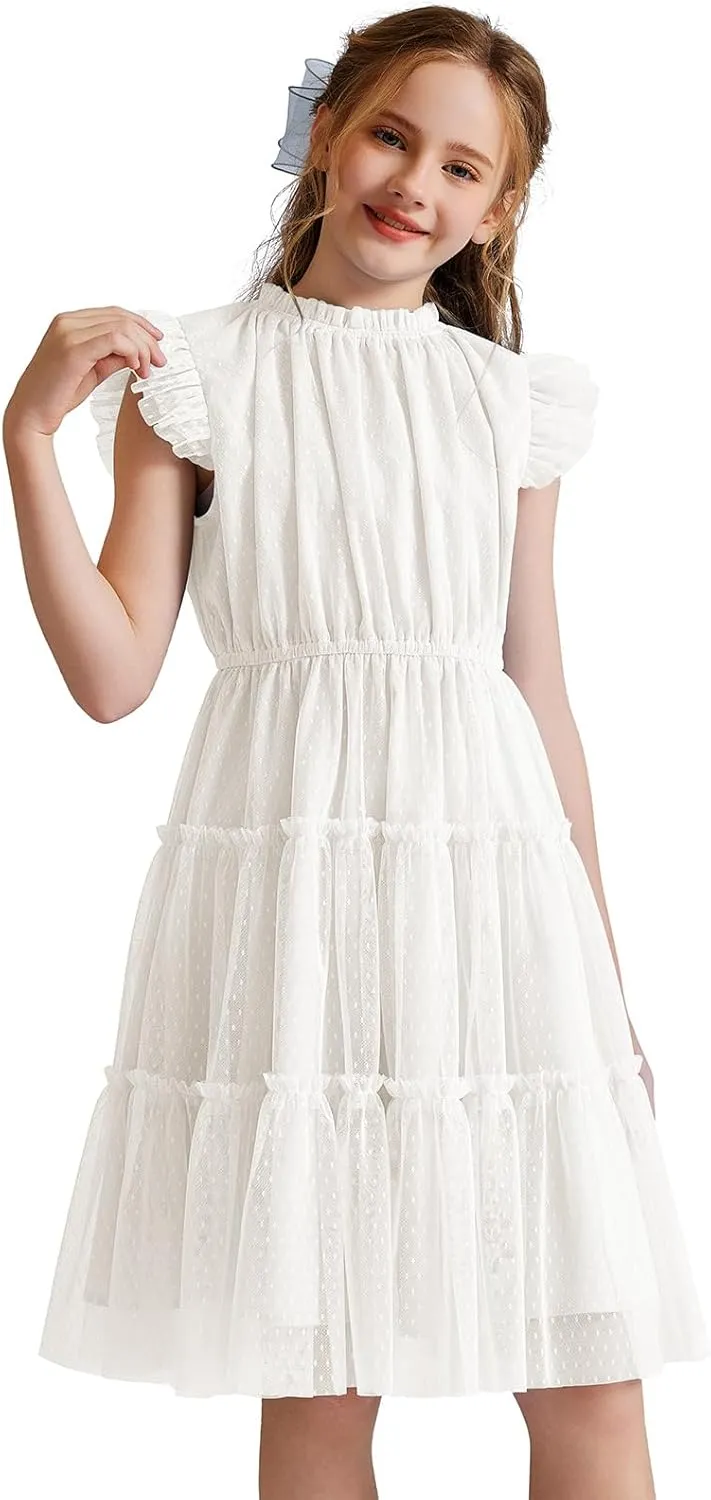 Quedoris Girls Tulle Dress Elastic Neck and Waist Three Layers Ruffle Sleeve Tiered Skirt Party Casual Dress