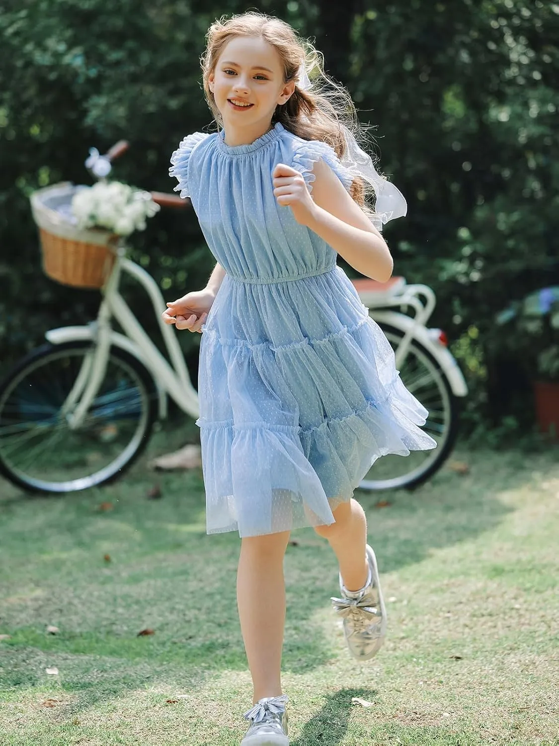 Quedoris Girls Tulle Dress Elastic Neck and Waist Three Layers Ruffle Sleeve Tiered Skirt Party Casual Dress