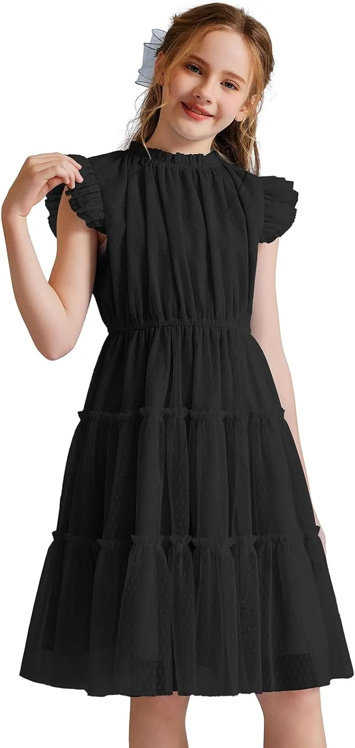 Quedoris Girls Tulle Dress Elastic Neck and Waist Three Layers Ruffle Sleeve Tiered Skirt Party Casual Dress