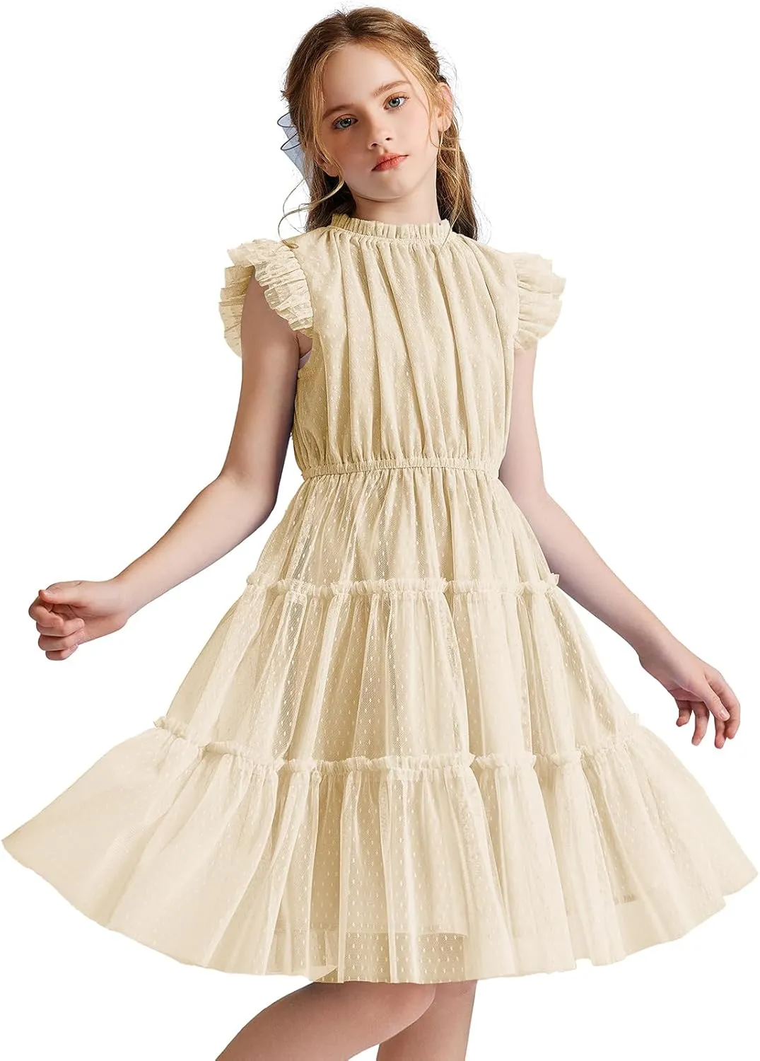 Quedoris Girls Tulle Dress Elastic Neck and Waist Three Layers Ruffle Sleeve Tiered Skirt Party Casual Dress