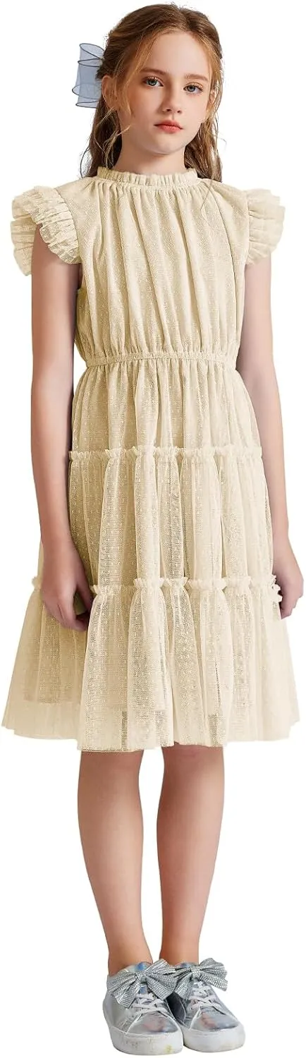 Quedoris Girls Tulle Dress Elastic Neck and Waist Three Layers Ruffle Sleeve Tiered Skirt Party Casual Dress
